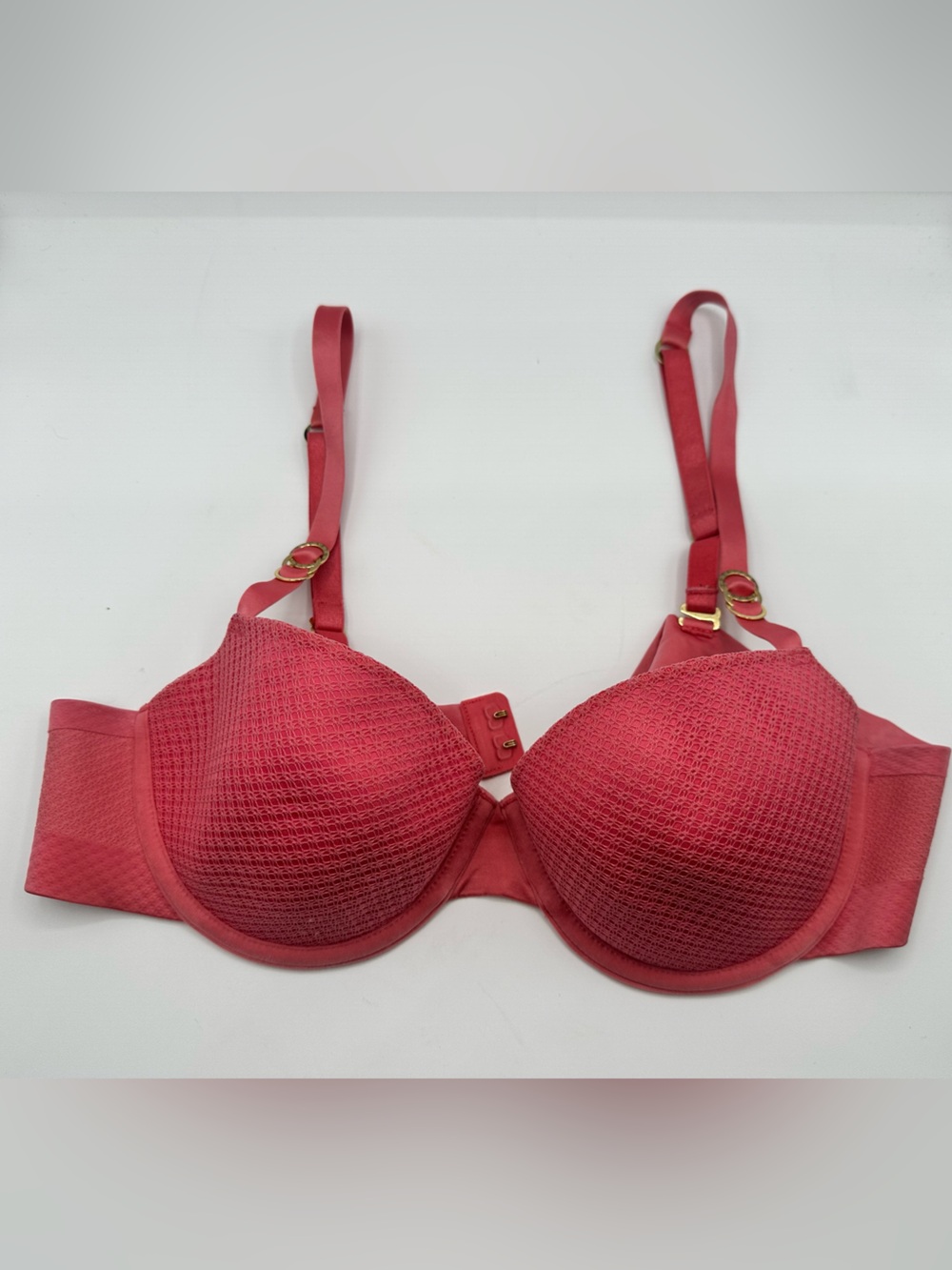 Stella McCartney Coral Red Textured Molded Bra with Gold Rings